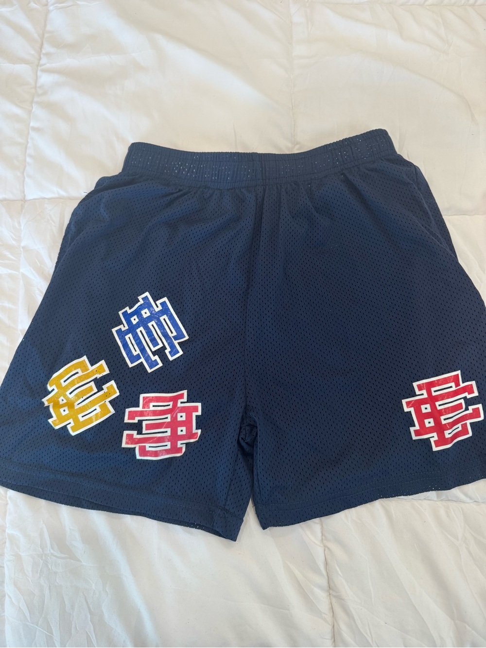 Eric Emanuel Navy Athletic Mesh Shorts with Multicolor Crest Patches